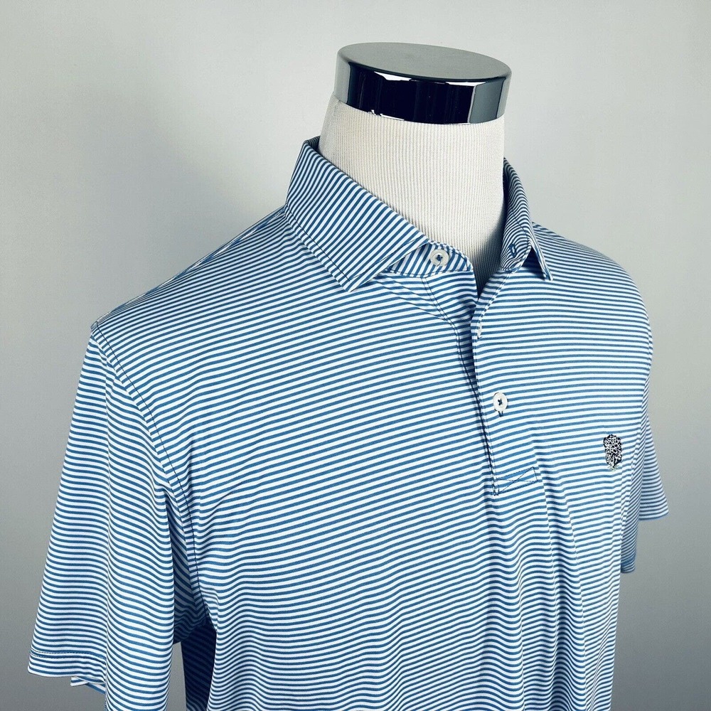 Draddy Sport Large Performance Golf Polo Shirt Blue White Striped Poly Blend